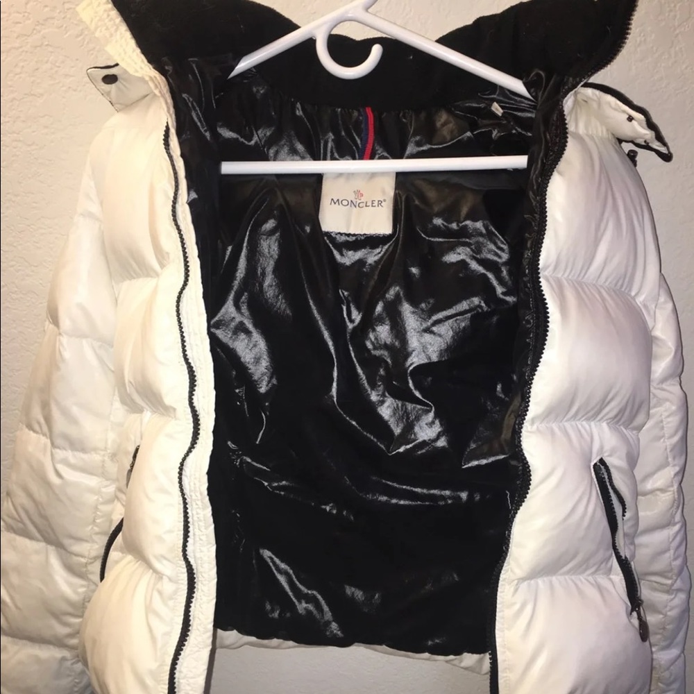 Moncler white down puffer with hood